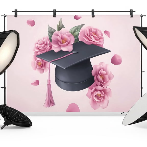 Pink Graduation Cap Backdrop for Photography, Rose Flower Gradient Abstract Tassels Photo Backdrop Portrait Background Party Banner Photo Backgrounds for Studio Booth Props, 7x5ft