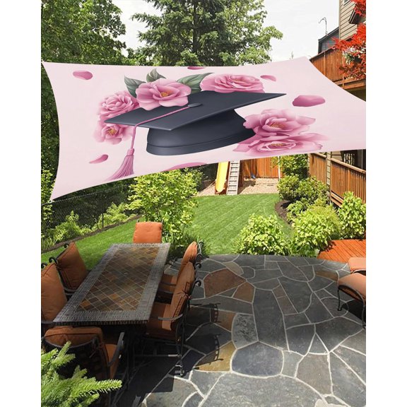Pink Graduation Cap Sun Shade Sail 8'X10' Rose Flower Gradient Abstract Tassels UV Block Outdoor Sail Shades Breathable Waterproof Rectangular Sunshade for Patio Garden Pool Pergola Porch