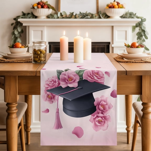 Pink Graduation Cap Table Runner 13x70 Inch Rose Flower Gradient Abstract Tassels Cotton Linen Dining Table Runner Ideal for Dresser Kitchen Coffee Tables - Machine Washable