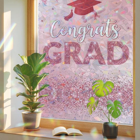 Pink Graduation Cap Window Privacy Film, Festive Balloons Glitter Gradient Modern Stained Glass Rainbow Film Decorative Window Clings, Static Cling Sun Blocking Stickers 17.7" x 39.3"