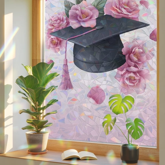 Pink Graduation Cap Window Privacy Film, Rose Flower Gradient Abstract Tassels Stained Glass Rainbow Film Decorative Window Clings, Static Cling Sun Blocking Stickers 17.7" x 39.3"