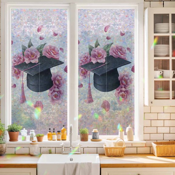 Pink Graduation Cap Window Privacy Film Rose Flower Gradient Abstract Tassels Static Cling Stained Glass Window Film Non-Adhesive Decorative Decals Rainbow Sticker 17.7"X39.3"