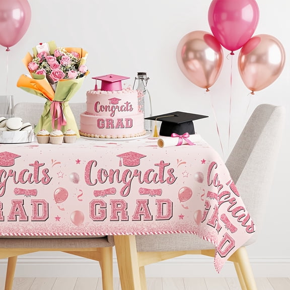 Pink Graduation Ceremony Tablecloth Congratulations 2026 Graduation Party Supplies Girl Graduation Gift Graduation Season Home Decor Waterproof Peach Skin Fabric Reusable Multiple Sizes