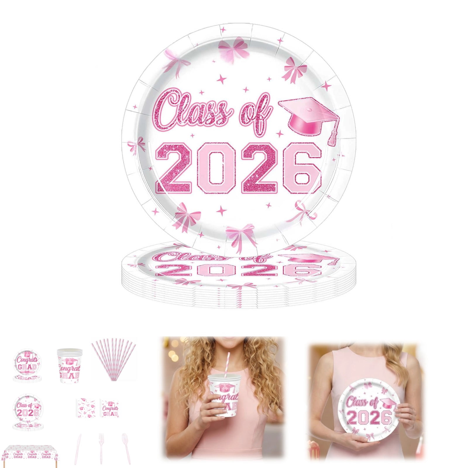 Pink Graduation Decorations Pink Bow Class of 2026 Party Supplies Serve ...