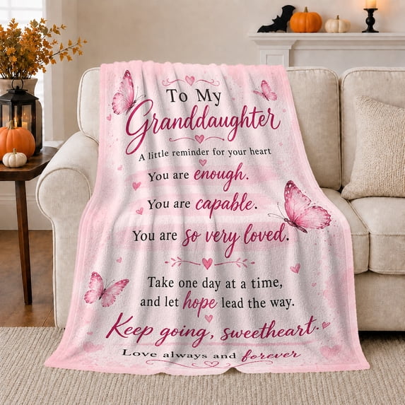 Pink Granddaughter Encouragement, Gentle Affirmation Typography Style for Granddaughters And Families, Housewarming Gift with Cozy Flannel Blanket, Home Decor for Bedroom And Study Room And