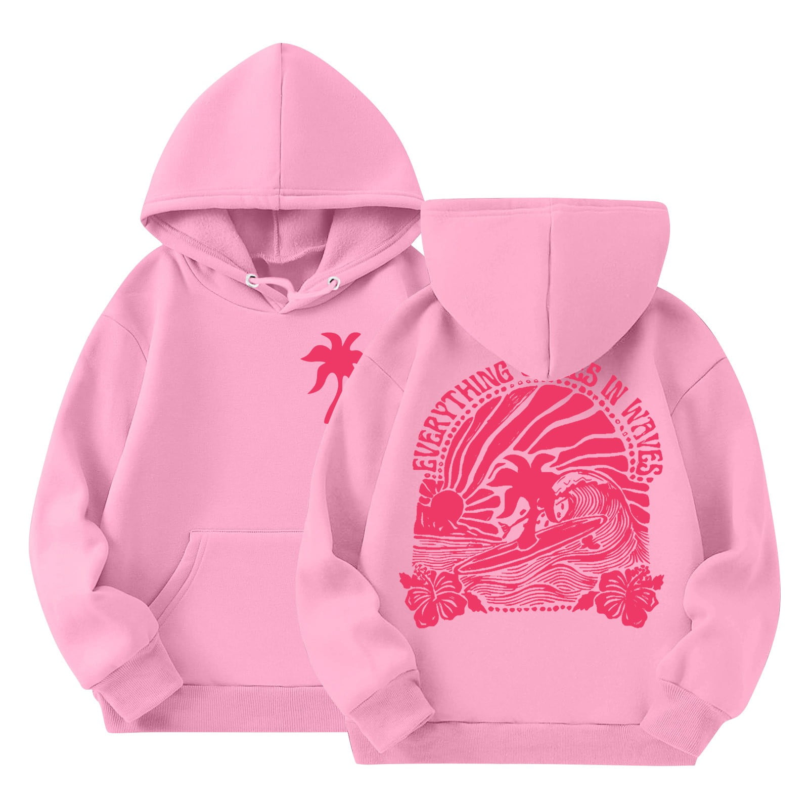 Pink Graphic Hoodie for Girls Long Sleeve Palm Puff Hoodie Letter Print
