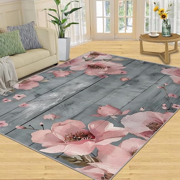 Pink and Gray Area Rugs, Floral Printed Rugs for Living Room, Blooming Flowers Easy Cleaning Rugs, Wood Grain Washable Non Slip Floor Carpet for Bedroom 2 x 3ft