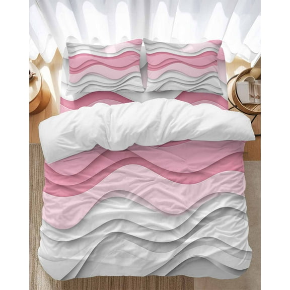Pink Gray Bedding Duvet Cover Set Full Size 4 Pieces Ombre Water Ripple Modern Abstract Geometric Bedding Set with Zipper Closure, 1 Comforter Cover 86x86 Inches 1 Flat Sheet & 2 Pillow Cases
