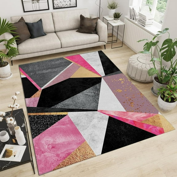 Pink Gray Black Marble Texture Area Rugs, Irregular Geometry Light Luxury Indoor Non-Slip Kids Rugs, Machine Washable Breathable Durable Carpet For Front Entrance Floor Decor 5' x 7'