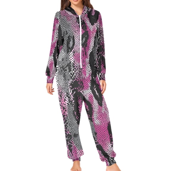 Pink Gray Black Snake Skin Adult's Hoodie Onesie Jumpsuit One-Piece Pajamas with Zipper Unisex for Holiday M