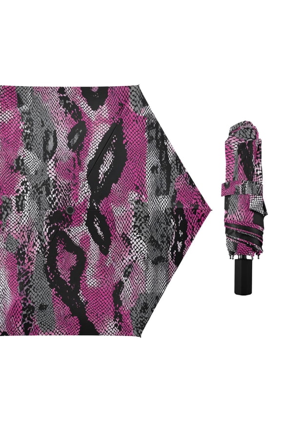 Pink Gray Black Snake Skin All Weather Umbrella Triple Folding Parasol 6 Ribs UV Protection Portable