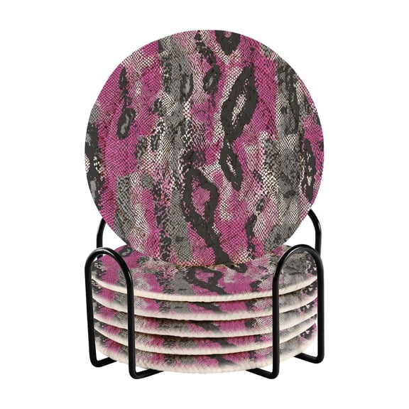 Pink Gray Black Snake Skin Drinking Coasters Cup Mat with Holder for Kitchen Cafe Bar 6 Packs