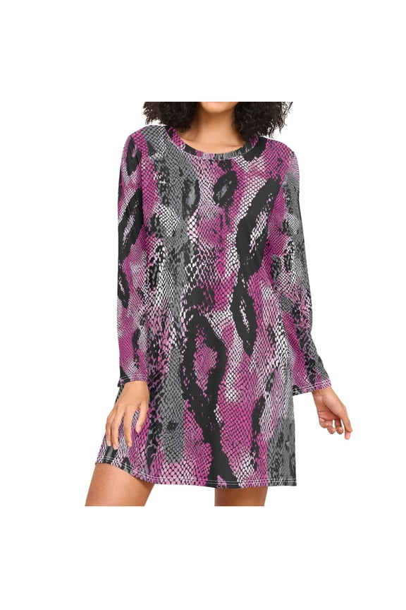 Pink Gray Black Snake Skin Women's Long Sleeves Nightgowns Sleepwear Soft Pajama A-line Sleep Dress L