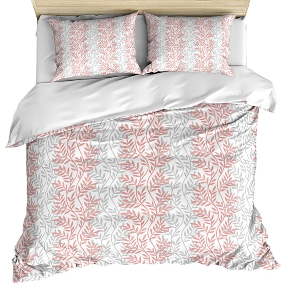 Pink Gray Botanical Bedding 3 Piece Duvet Cover Set Twin Size, Pastoral Spring Summer Leaf Aesthetics Soft Microfiber Comforter Cover with Zipper Closure & Pillowcases, FadeResistant Quilt Cover