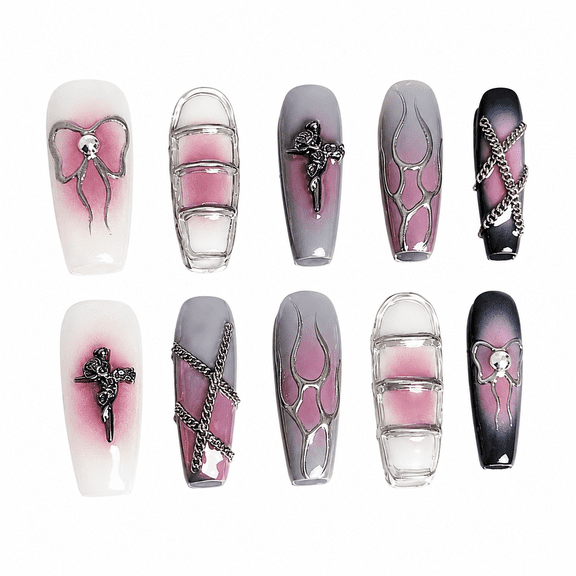 Pink Gray Bow Press on Nails, Long Coffin Glossy False Nails with Rhinestone Accent, 30 Count