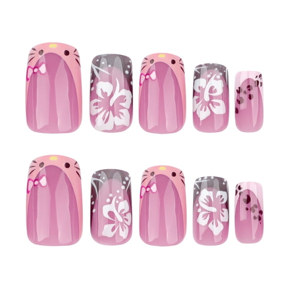 Pink Gray Cat Face Bow Floral Polka Dot Press on Nails, Short Square Glossy Fake Nails, 24 Count