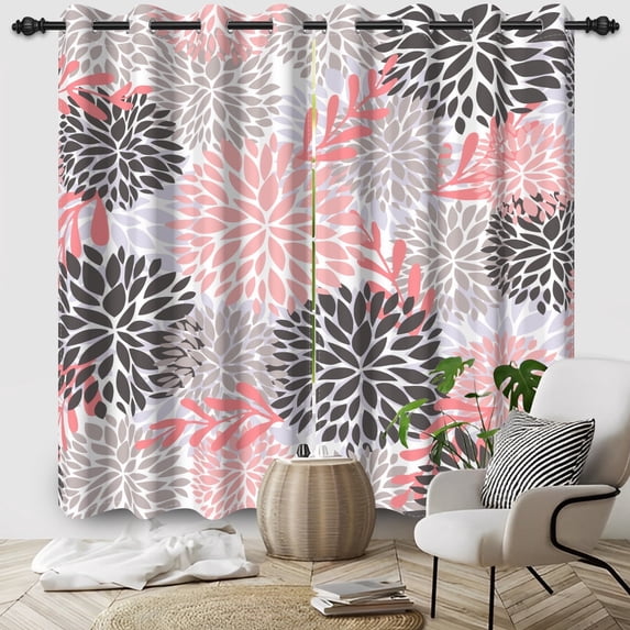 Pink Gray Floral Curtains,Boho Dahlia Blackout Window Drapes for Bedroom Living Room 2 Panel Sets, 42x108 Inch