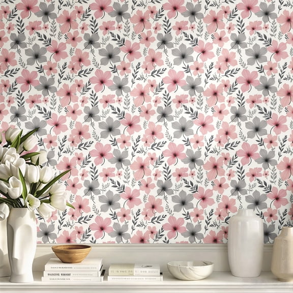 Pink Gray Floral Peel and Stick Wallpaper Boho Minimalist Aesthetic Removable Wall Art Art Print Wall Decor, Elegant Wall Decoration for Bedroom Living Room Dorm Apartment, Stunning Home Decor