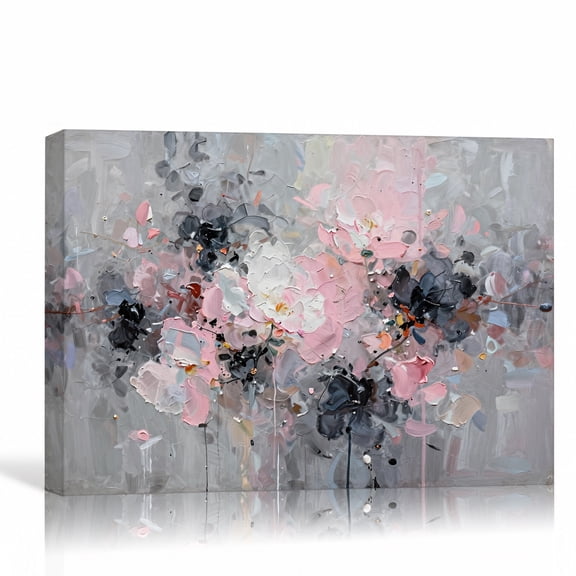 Pink Gray Floral Wall Art Abstract Canvas Print Textured Flowers Gallery Wrapped Canvas Bedroom Decor 12"L x 8"W