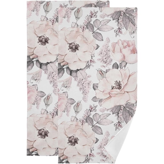 Pink Gray Flower Hand Towels for Bathroom Set of 2 Soft Absorbent Watercolor Blossom Floral Grey Leaves Kitchen Dish Towels Vintage Decorative Guest Bathroom Towels for Bath,Face,Hair 14"x28"