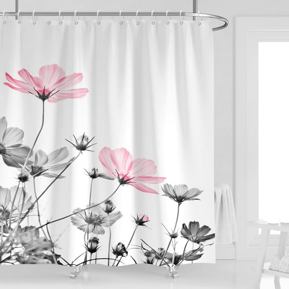 Pink Gray Flower Shower Curtain 72''''W x 72''''L White Grey Daisy Floral Ink Painting Botanical Simple Elegance Bathroom Curtains Polyester Fabric 12 Pack Plastic Hooks