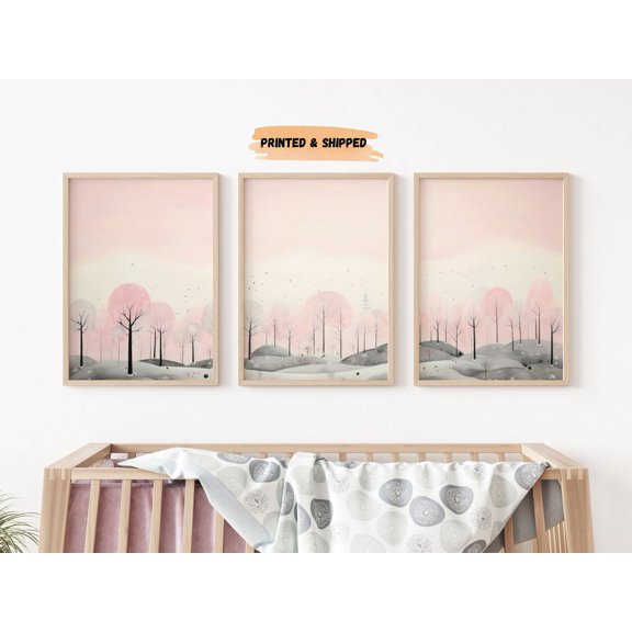 Pink Gray Forest Nursery Wall Art Set 3 Stretched Canvas 12x18