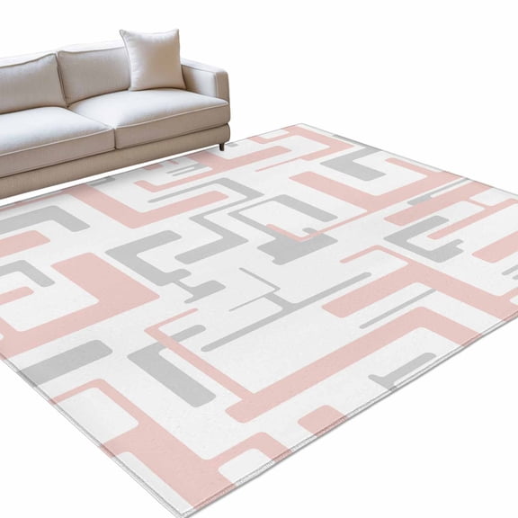 Pink Gray Geometric Stripes 6x9ft Non Slip Area Rug Modern Abstract Lines Maze Washable&nbsp;Soft Area Rugs for Living Room, Indoor&nbsp;Circle Carpet for Bedroom Dining Room Kitchen