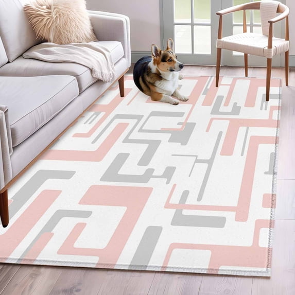 Pink Gray Geometric Stripes Area Rugs 3x5 ft Modern Abstract Lines Maze Washable Rug Non Slip Indoor Carpet Absorbent Floor Mat for Living Room Bedroom Dining Room