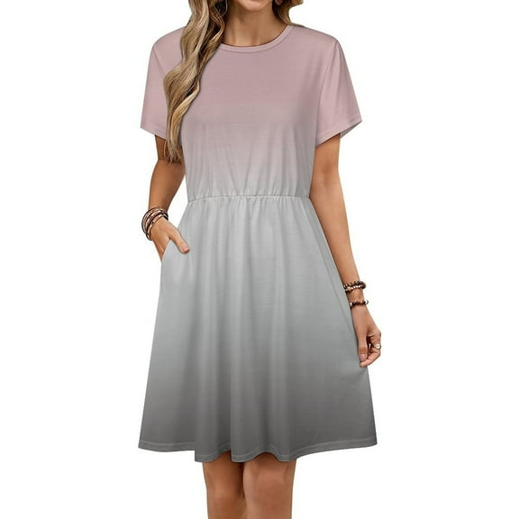 Pink Gray Gradient Dress Summer Street Style Dresses Female Short Sleeve Printed Sundress