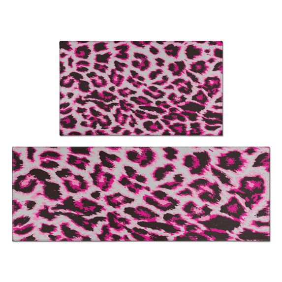 Pink and Gray Of Leopard Print Kitchen Rugs Sets Of 2,Anti Fatigue Kitchen Mat Rugs Non Slip Washable,Decorative Kitchen Floor Mats for Kitchen,Sink,Laundry,17"x30"+17"x47"