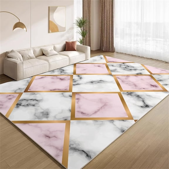 Pink Gray Marble Area Rugs, Gold Line Geometric Carpet, Non Slip Low Pile Washable Indoor Rug for Living Room Bedroom Gameroom Study Office Entrance Foyer 4x5ft