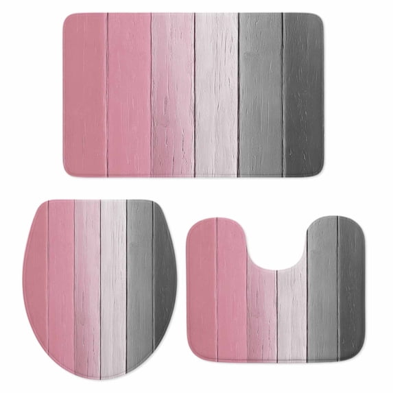 Pink Gray Ombre Bath Mat 3 Piece Bathroom Rug Set, Vintage Country Wooden Non Slip Bath Rug Contour Mat and Toilet Lid Cover, Absorbent Shower Mats Soft Bath Rugs and Mats Sets