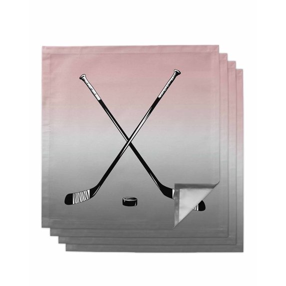Pink Gray Ombre Cloth Napkins Set of 4 Reusable Dinner Napkins, Black Hockey Sticks Minimalist Style Cocktail Napkin Washable Table Napkins for Wedding/Holiday Party/Baby Shower 20"x20"