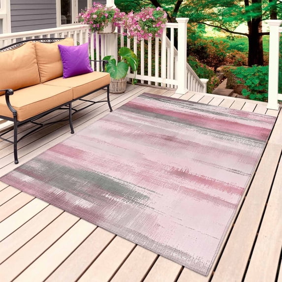 Pink Gray Ombre Outdoor Rug for Patio/Deck/Porch, Non-Slip Large Area Rug 3 x 5 Ft, Modern Abstract Art Oil Painting Indoor Outdoor Rugs Washable Area Rugs, Reversible Camping Rug Carpet Runner