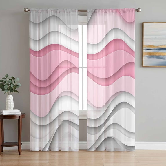 Pink Gray Ombre Sheer Curtains 108 Inch Length 2 Panels Set, Moire Modern Abstract Art Geometric Voile Window Treatment Semi Sheer Long Curtains Drapes for Bedroom/Living Room/Kitchen 52"x108"x2