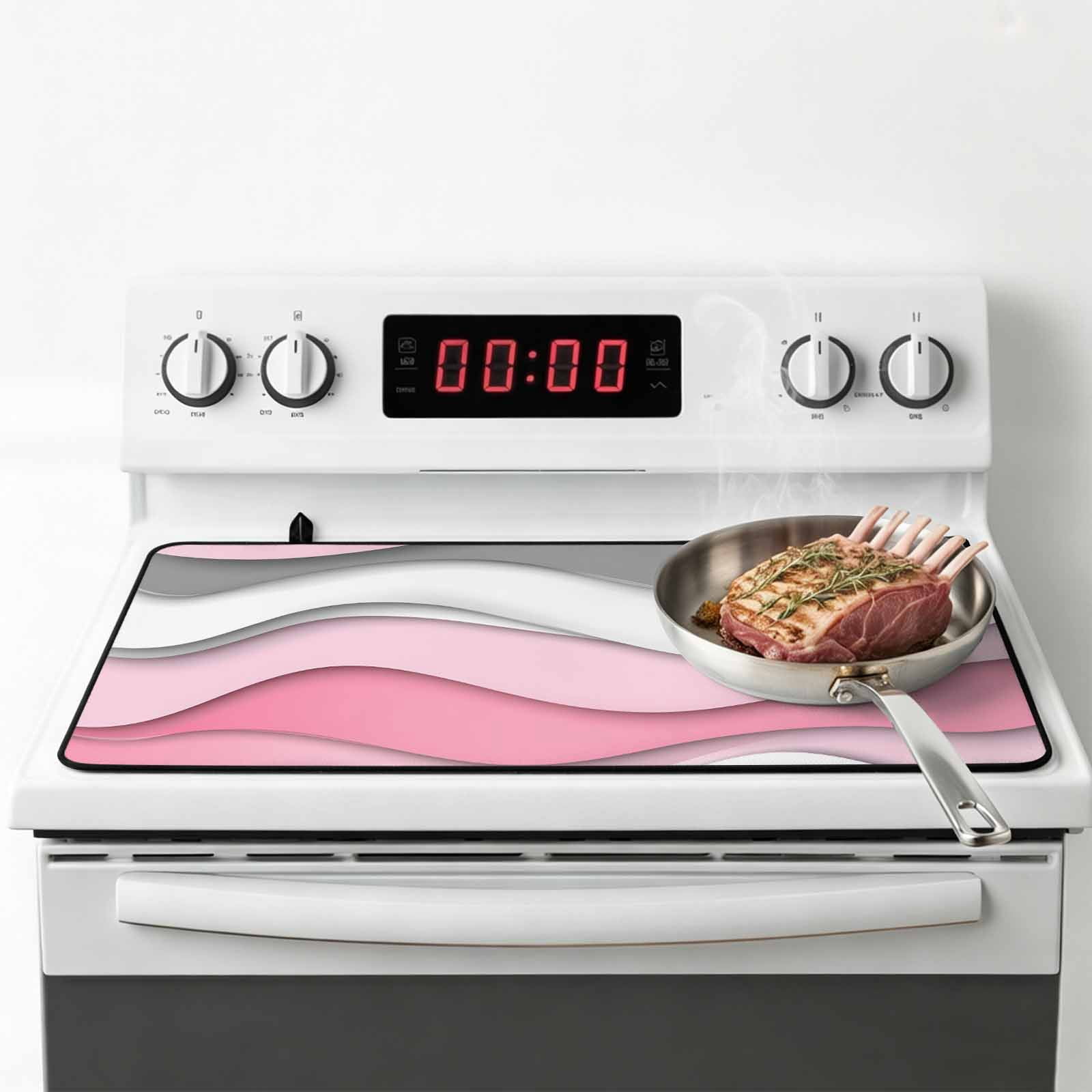Pink Gray Ombre Stove Top Cover for Electric Stove, Heat-proof & Non Slip Glass Top Stove Cover Protector, Geometric Modern Abstract Moire Art Kitchen Flat Cooktop Rubber Mat 24x21 Inches