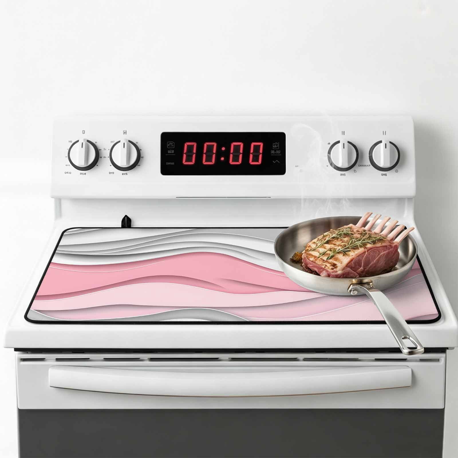 Pink Gray Ombre Stove Top Cover for Electric Stove, Heat-proof & Non Slip Glass Top Stove Cover Protector, Modern Abstract Moire Art Geometric Kitchen Flat Cooktop Rubber Mat 24x21 Inches