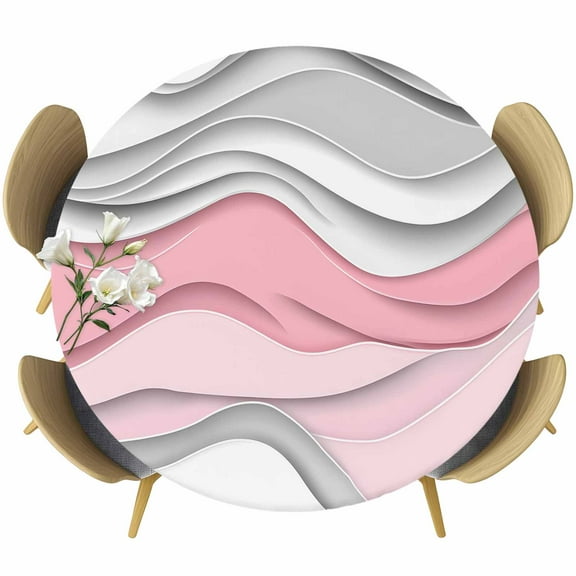 Pink Gray Ombre Table Cloth, Round Fitted Tablecloths with Elastic Edge, Modern Abstract Moire Art Geometric Wipeable Waterproof Table Cover for Kitchen Wedding 36-44 Inches