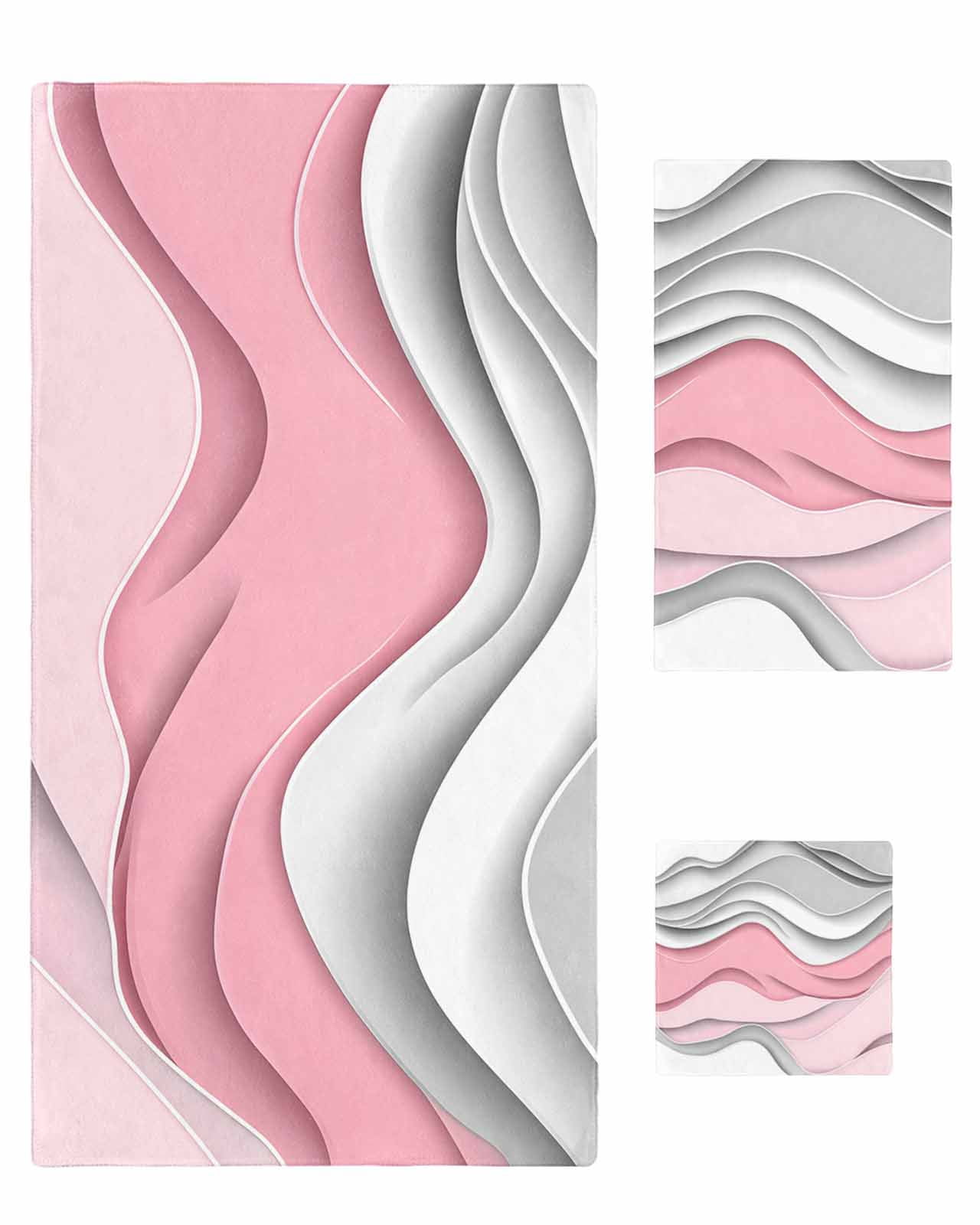 Pink Gray Ombre Towel Set of 3, Soft Microfiber Bath Towels, Hand Towel, Washcloths, Modern Abstract Moire Art Geometric Quick-Dry Absorbent Towels for Bathroom Kitchen Hotel Beach Gym Spa