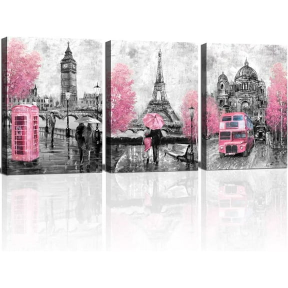 Pink and Gray Paris Wall Art Paris Decor for Bedroom Bathroom Girls Room Wall Decor Paris Pictures Rustic Black and White Print Art for Walls 3 Pieces Ready to Hang