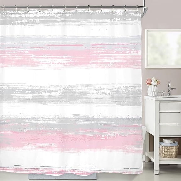 Pink Gray Shower Curtain Set Modern Abstract Minimalist Horizontal Striped Contemporary Aesthetic Painting Waterproof Bathroom Curtain With 12 Hooks 48"W x 72"L (Pack of 1)