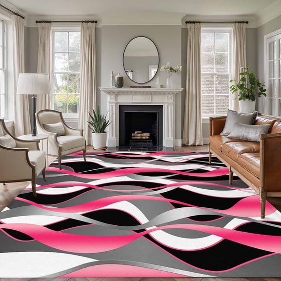 Pink Gray Stripes 5x7 Rug for Living Room Sofa and Coffee Table Layout, Abstract Art Modern Washable Non Slip Rectangle Area Rug