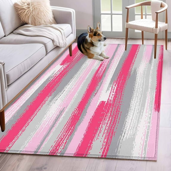 Pink Gray Stripes Area Rugs 3'x5', Washable Small Throw Rugs for Living Room Bedroom, Watercolor Modern Abstract Minimalist Indoor Outdoor Rug Non-Slip Low Pile Carpet Runner Reversible Floor Mats