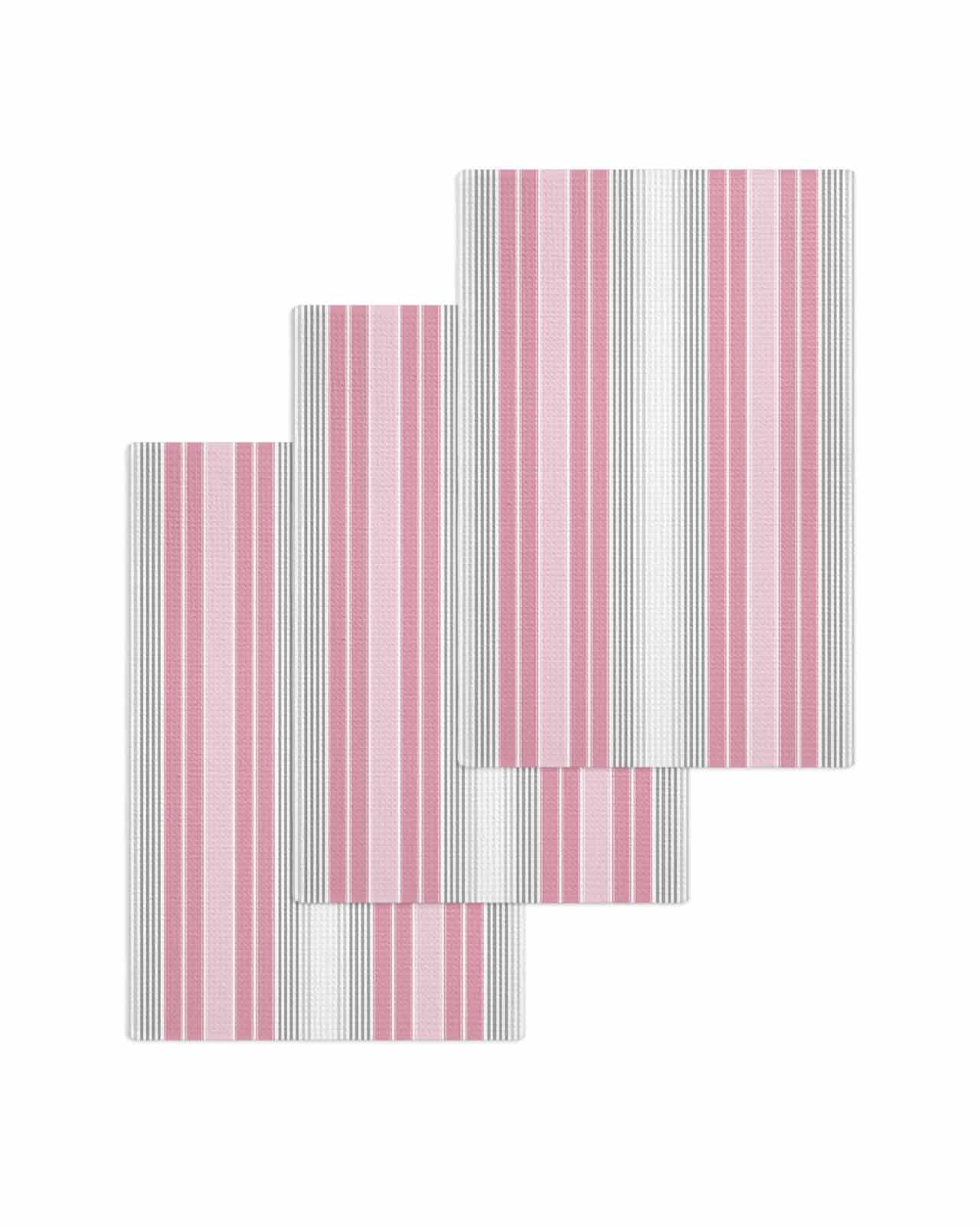 Pink Gray Stripes Kitchen Dish Towels for Drying Dishes Set of 3, Chic Modern Abstract Vertical Lines Waffle Weave Microfiber Terry Hand Tea Bathroom Towels Quick Dry & Absorbent Towel 15.7x23.6