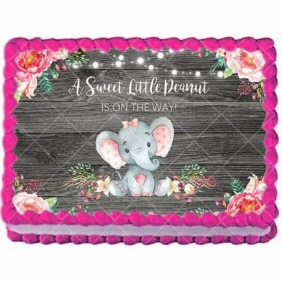 Pink & Gray Sweet Little Peanut Is on The Way Elephant BaBy Shower Edible Image Cake Topper For Quarter Sheet Cake By TNCT