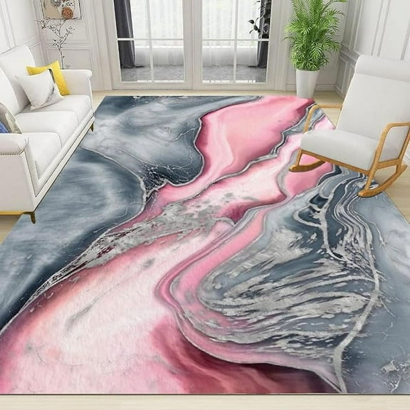 Pink Gray Swirl Marble Area Rug, Retro Art Light Luxury Rugs For Living Room, With Non-Slip Backing Machine Washable Durable Rug For Cafe Office Door Mats Porch Floor Carpet 5 x 7ft