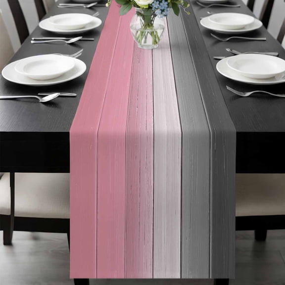 Pink Gray Table Runner 72 Inches Long, Vintage Country Gradient Wooden Plank Line Kitchen Coffee Dining Table Decoration for Home Party Birthday Wedding Home Decor 18x72 Inches