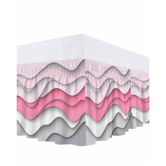 Pink Gray Waves Ruffle Bed Skirt Queen Size Abstract Water Ripple Adjustable Elastic Dust Bed Skirts Wrap Around Bedskirt Wrinkle Free Easy Fit with 16 Inch Drop