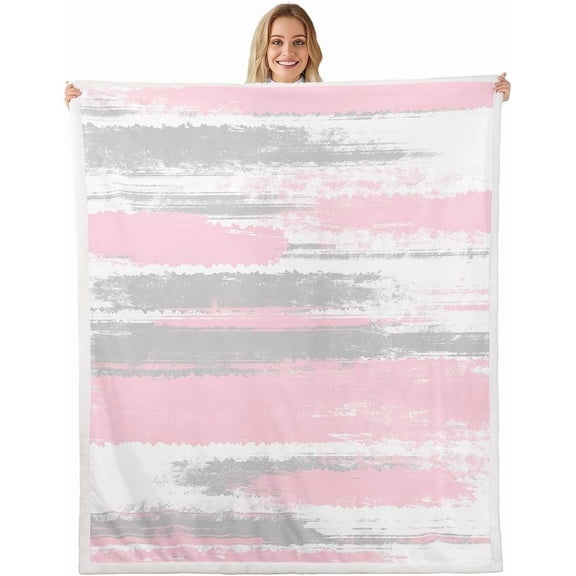 Pink Gray and White Fleece Throw Blanket Twin Kids Stripe Line Sherpa Blanket Teens Abstract Geometric Plush Fuzzy Soft Warm Comfort for Bed Couch Chair Room Decor 30" x 40"