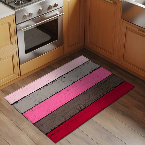 Pink Gray Wood Grain 2x3 Rug for Entryway Front Door Kitchen Sink Area, Countryside Stripe Low Pile Washable Non Slip Rectangle Area Rug